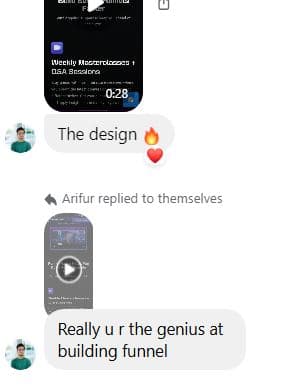 Messenger thread from Arifur: “The design 🔥 ❤️” + “Really u r the genius at building funnel.”