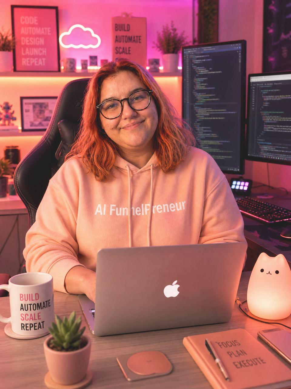Ana, co-founder of FunnelsGenius, with her mascot Jacques