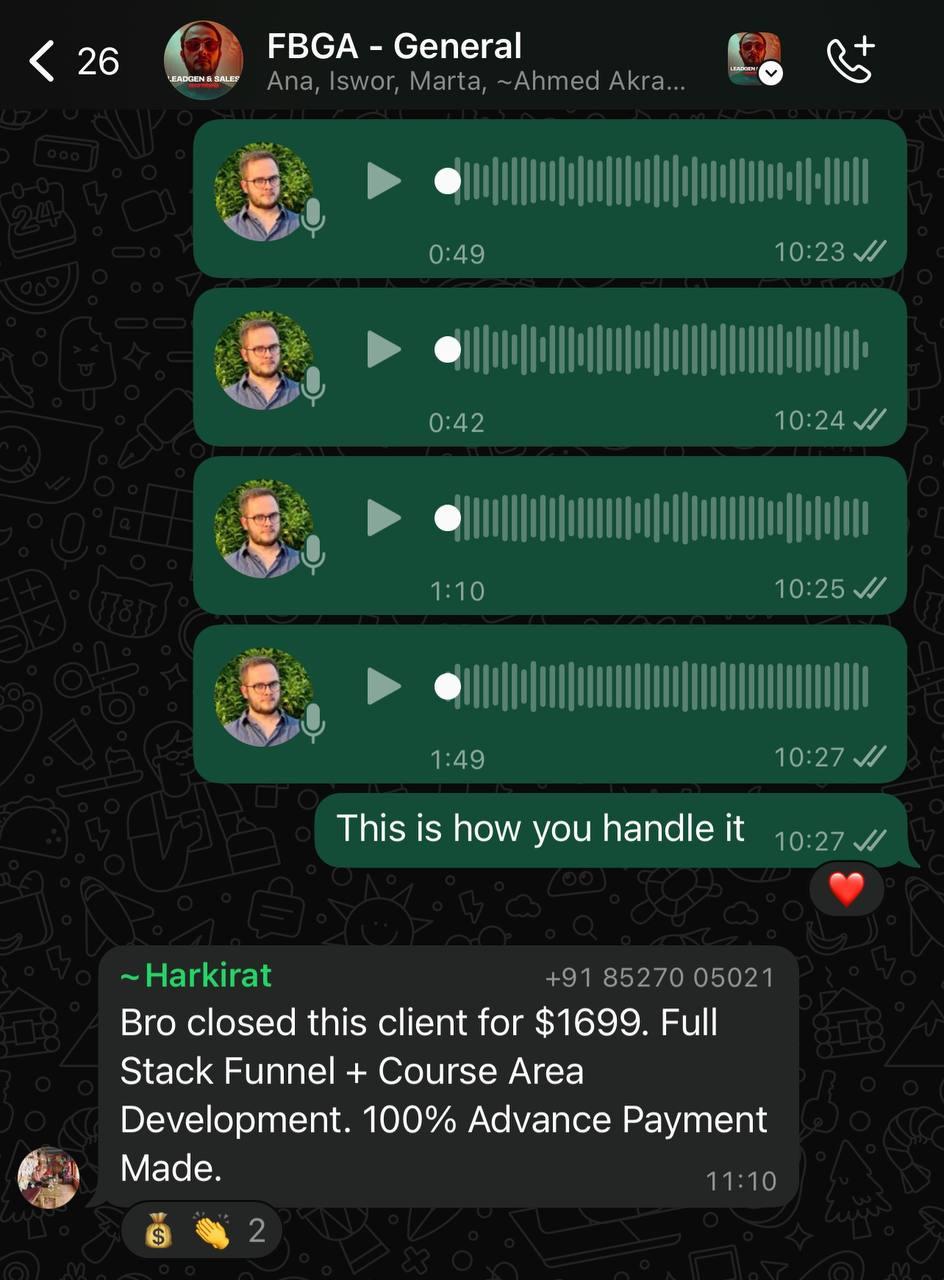 WhatsApp group (FBGA — General): Pedro sends four voice-note coaching messages, then writes “This is how you handle it.” Harkirat replies: “Bro closed this client for $1699. Full Stack Funnel + Course Area Development. 100% Advance Payment Made.”